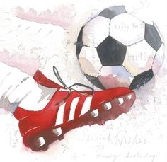 a watercolor painting of a soccer ball and boot