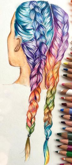 a drawing of a woman's head with long braids and rainbow colored hair