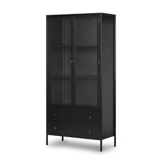 a black bookcase with two drawers on one side and an open door on the other