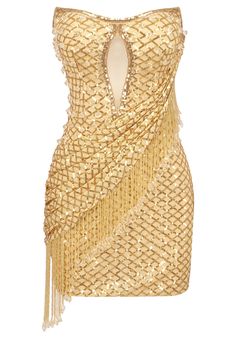 Strapless Sequin Tassel Dress Gold DESIGN: Color: Gold Strapless design Sleeveless Sequined Tassel design Mesh insert Draped detail Concealed zipper at back Gentle Dry Clean Only Length: Mini MATERIAL: Polyester + Cotton Delicate sewing and hemming by durable needle lockstitch machine. YKK zipper (known as the most durable and reliable zippers manufactured today). To maintain the beauty of your garment, please follow the care instructions on the attached label. Colour may vary due to lighting on images. The product images (without model) are closest to the true color of the item.     * Order one size up for a relaxed fit. * Pay special attention on measurements to ensure proper fit. * If you are between two sizes the larger one is recommended.        &nbs Gold And White Dresses, Sequin Tassel Dress, Great Gatsby Outfit, Gatsby Outfit, Long Sleeve Bandage Dress, Edgy Glam, Black Dress Prom, Tassel Dress, White Dresses For Women