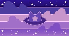 a purple background with stars and a cat in a hat on it's head