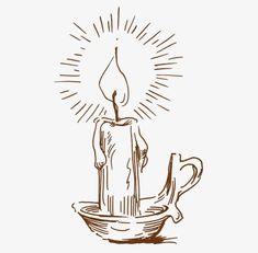 a candle in a bowl with a light coming from it, drawn by hand on a white background