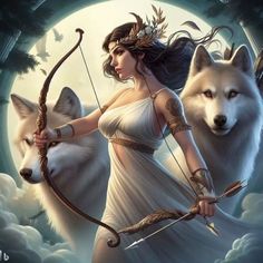 a beautiful woman holding a bow and arrow in front of two white wolf's