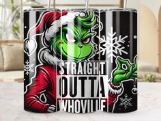 This vibrant 20 oz tumbler wrap features the playful Grinch with the phrase "Straight Outta Whoville." Perfect for Grinch and Christmas lovers, this wrap adds a playful holiday spirit to your tumbler, making it a great holiday gift or a cheeky addition to your own tumbler collection. Grinch Cheatah Tumbler, Grinch Tumblers, Grinch Design, Holiday Tumbler, Tumbler Making, Christmas Grinch, Funny Holiday, Christmas Lovers, Holiday Humor