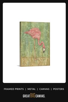 a pink flamingo standing in front of a green background with the words'flamingo print