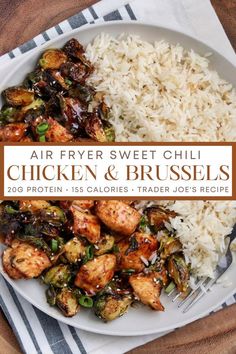 Air fryer sweet chili chicken and Brussels Sweet Chili Chicken, Chili Chicken, Healthy High Protein Meals, Macro Meals, Air Fryer Dinner Recipes, Health Dinner, Air Fryer Recipes Easy, Health Dinner Recipes, Air Fryer Recipes Healthy