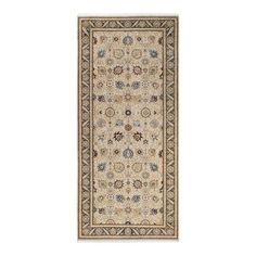 a beige rug with an intricate design on the bottom and sides, in various colors