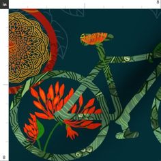 an image of a bicycle with flowers on the front and rear wheel rims in green, orange and red