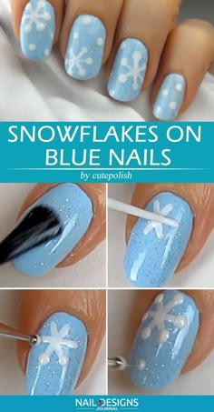 Nail Art Snowflakes Easy, Easy Nail Snowflakes, Kids Winter Nail Designs, Easy Snowflake Nail Art, Diy Winter Nail Art, How To Paint A Snowflake On Nails, Easy Diy Christmas Nail Designs, Snowflake Nail Design Tutorial, Diy Snowflake Nail Art