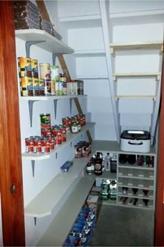 the pantry is stocked with canned food and drinks