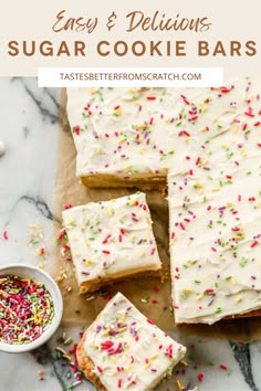 Decorated sugar cookie bars, easy to make and perfect for holidays and gifts. Cream Cheese Sugar Cookie Bars, Pan Sugar Cookie Recipe, Sugar Cookie Squares, Sheet Cookies Recipe, Sheet Pan Sugar Cookie Bars, Christmas Bars And Squares, Sheet Pan Cookies, Cookie Bars Recipes, Desert Easy