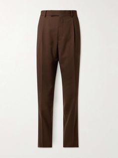 WACKO MARIA Pleated Wool Straight-Leg Trousers for Men Dress Pants Mens, Brown Wool Pants Outfit Men, Brown Trousers Men, Mens Pleated Trousers, Mens Wool Trousers, Brown Pants Men, Royalty Clothing, Men’s Pleated Trousers, Dark Brown Pants