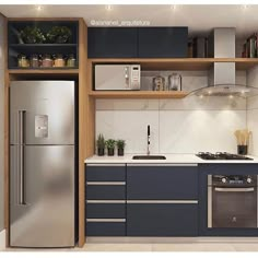 a modern kitchen with stainless steel appliances and wood shelves on the wall, along with white tile flooring