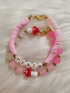 Handmade Bracelet set. I hope you love it as much as I did making it! Bracelets stretch, but handle with care. Handmade Peach Beaded Bracelets As Gift, Princess Peach Bracelet, Princess Beads Bracelet, Handmade Pink Kawaii Charm Bracelet, Strawberry Quartz Bracelet, Princess Peach, Bracelet Set, Handmade Bracelets, Arm Band