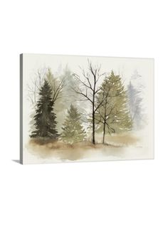 a watercolor painting of trees in the woods