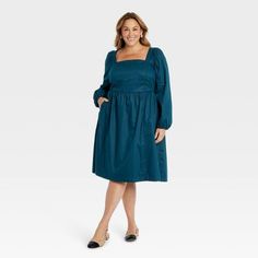 Women's Balloon Long Sleeve Woven Midi A-Line Dress - Ava & Viv™ Blue 2X Empire Waist Dress, Tiered Midi Dress, Long Sleeve Midi, Best Wear, Fabric Squares, Womens Clothing Sizes, Long Sleeve Knit, Empire Waist, Women Long Sleeve