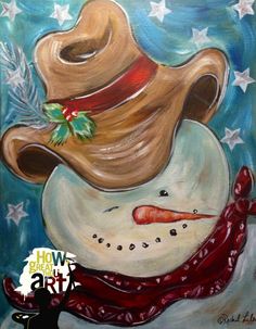 a painting of a snowman's hat and scarf with stars on the background