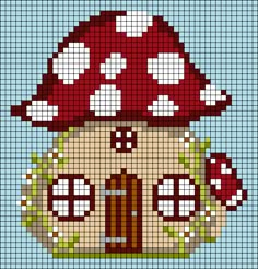 a cross stitch pattern with a house and mushrooms on the roof, in shades of red