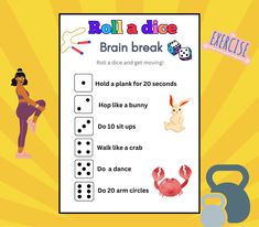 a poster with instructions for roll a dice brain break