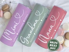 three personalized can coolers sitting next to macaroni and cheese