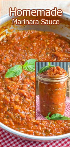 homemade marinara sauce in a pot with basil leaves