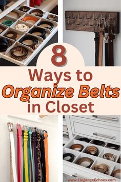 Check out 8 genius belt organization ideas for small space organization. You'll find DIY belt organizer ideas, and how to store belts using drawer dividers, hooks, storage bins, and more. Hanging Belts In Closet, Diy Belt Storage, Belt Hanging Ideas, How To Hang Belts In Closet, Best Way To Store Belts, Belt Hanger Ideas Diy, Hanging Belts Ideas, Closet Belt Organization, Belt Organizer Ideas