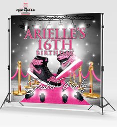 a pink and black birthday party backdrop with high top sneakers