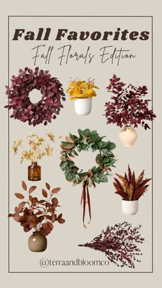 fall flowers and foliages are featured in this poster