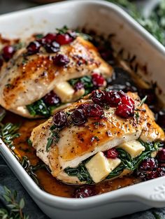 Cranberry & Spinach Stuffed Chicken Breasts with Brie 🐓🍓🧀  Ingredients 🛒 For the Chicken:  4 boneless, skinless chicken breasts 🐓 1/2 cup fresh spinach, chopped 🥬 1/3 cup dried cranberries 🍒 4 oz brie cheese, sliced 🧀 2 tablespoons olive oil 🫒 1 teaspoon garlic powder 🧄 1/2 teaspoon dried thyme 🌿 1/2 teaspoon salt 🧂 1/4 teaspoon black pepper 🌟 For the Glaze:  2 tablespoons honey 🍯 1 tablespoon balsamic vinegar 🍷 1/4 teaspoon Dijon mustard 🌟 Instructions 👩‍🍳  Prepare the Chicken:  Preheat your oven to 375°F (190°C). Lightly grease a baking dish or line with parchment paper. Using a sharp knife, carefully cut a pocket into the side of each chicken breast without slicing all the way through. Make the Filling:  In a bowl, mix the chopped spinach, dried cranberries, and slices Stuffed Chicken Breast Spinach, Stuffed Chicken Breasts, Cranberry Chicken, Easy Recipes For Beginners, Stuffed Chicken, Spinach Stuffed Chicken, Mediterranean Diet Recipes, Chicken Dishes Recipes, Juicy Chicken