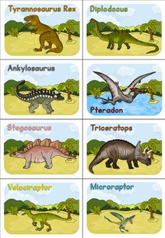 dinosaurs and other animals are shown in this set of flash cards for children to learn