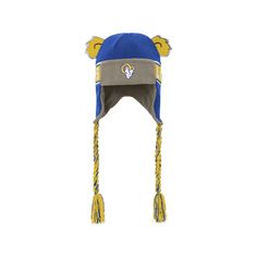 a blue and yellow hat with two ears