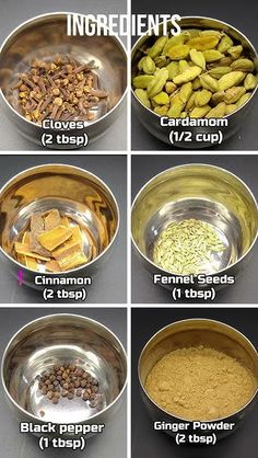 six different types of ingredients in bowls on a gray surface with the words ingredients above them