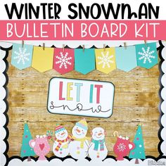 a bulletin board with snowman decorations and bunting on the top, in front of a wooden background