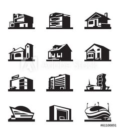 black and white icons of houses, boats and watercrafts on a white background