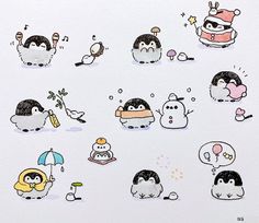 an image of penguins with umbrellas and snowmen on them's faces in different poses