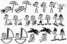 a set of cartoon stickers depicting people on the beach with umbrellas and boats