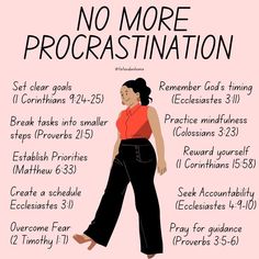 a woman in red shirt and black pants with text on it that says no more procrastination