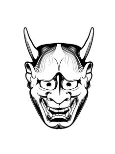 a demon mask with horns and fangs on it's face, in black and white