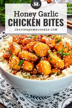 honey garlic chicken bites in a bowl with rice