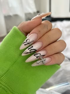 Nail Inspo Long Coffin, Long Almond Nail Ideas, Nails With Writing, Writing On Nails, Angel Nails Designs, Halloween Nails White, Long Almond Nails Designs, Cybersigilism Nails, Nail Designs Abstract