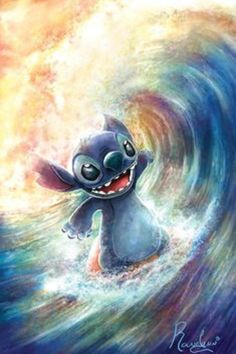 an image of stitch in the middle of a wave with a cartoon character on it