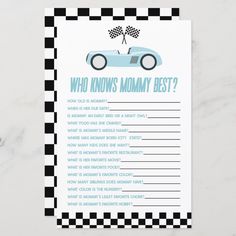 a baby shower game with a race car on the front and checkerboard background