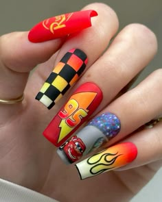 Handpainted nails, tap the link to see more on my insta🏎️  #carsnails #disneynails #disneynaildesigns #rednails #checkernails #flamenails #kachow Disney Cars Nail Art, Car Nails Designs, Lightning Mcqueen Nails, Cars Nails, Pixar Nails, Car Nails, Movie Nails, Disney Nail Designs, Doll Backgrounds