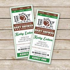 two baby shower tickets with the words baby boy and football on them, sitting next to each other