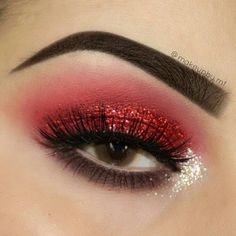 Red And Silver Glitter Makeup, Red And Gold Eyeshadow Looks For Quince, Red Eyeshadow Easy, Red Cheer Makeup, Red And Gold Quince Makeup Looks, Red Makeup Christmas, Red Sparkly Eyeshadow, Red And Sliver Makeup Prom, Bright Red Eyeshadow Looks