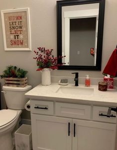 a bathroom with a sink, toilet and mirror in it's centerpieces