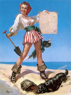 a painting of a woman in pirate garb holding a sign next to a dog