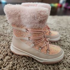 Never Worn. Grew Out Of Them Before We Had Snow. Pink, Sparkles, Fuzzy Light Pink Trim At Top. Big Kids Size 4 (Not Toddler Size 4) Pink Snow Boots, Pink Sparkles, Pink Snow, Pink Trim, Toddler Sizes, Rain And Snow Boots, Snow Boots, New Shoes, Big Kids