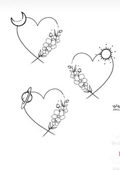 three hearts with flowers on them and the words love written in black ink next to each other