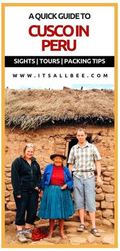 three people standing next to each other in front of a hut